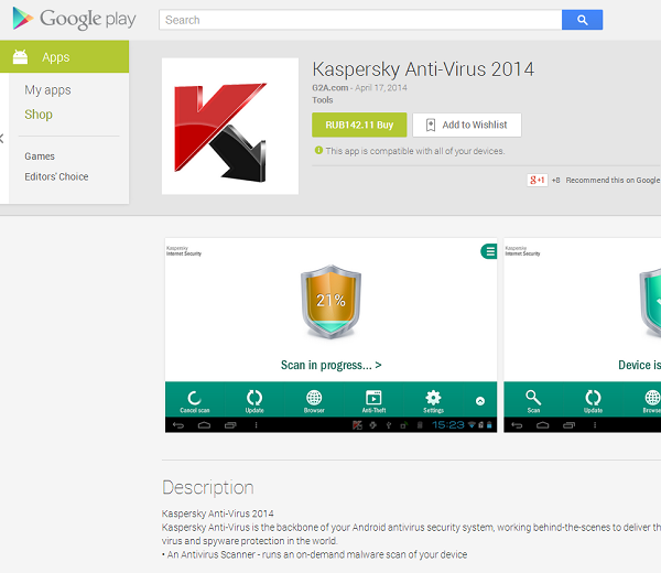 Подделка продавалась в Google Play под названием Kaspersky Anti-Virus 2014