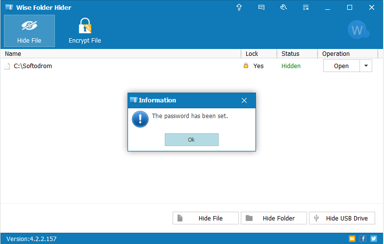 Установлен пароль для скрытой папки в Wise Folder Hider