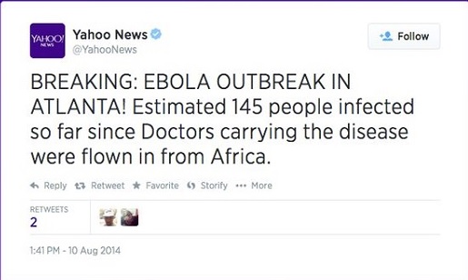 Хакеры взломали твиттер Yahoo News и сообщили о вспышке вируса Эбола в Атланте