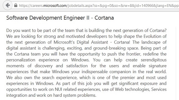 На сайте Microsoft Careers обнаружилась вакансия разработчика Cortana