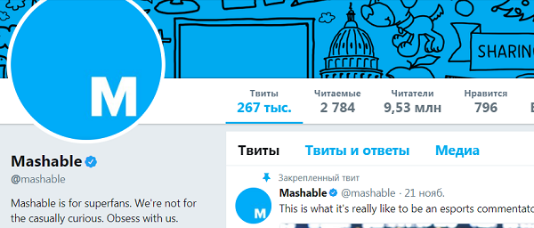 Скриншот страницы Mashable в Twitter